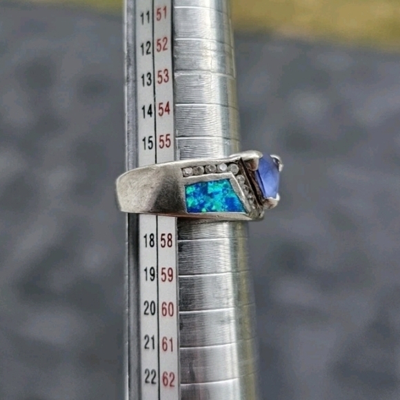 Blue Fire Opal Crystal Ring Handmade 925 Sterling Silver Size 7 3/4 - Picture 2 of 4